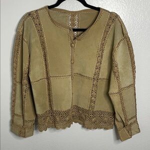 Scully Vintage Suede & Crochet Patchwork Button Down Boho Cardigan Jacket Tan